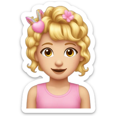 Niña rubia con pelo rizado y dos coletas con lazos, nariz redondita y ojos marrones. Camiseta rosa de unicornio sticker