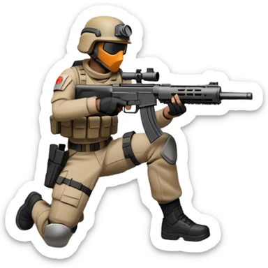 A skilled airsoft player aiming and shooting metal BBs from a replica gun, standing in a ruined urban environment. The background features crumbled walls and debris, emphasizing strategy, precision, and intense action in a tactical, team-based sport. sticker