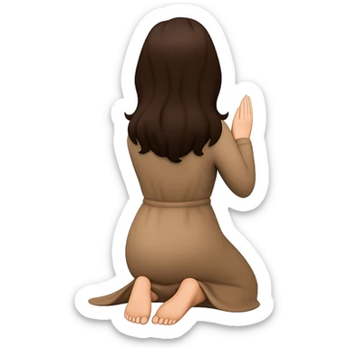 Create a woman kneeling and praying from the back view, with her feet visible and out behind her, wearing a long tan dress, with dark brown hair, matching the body figure of the reference image. The style should resemble emoji style. Remove the background. sticker