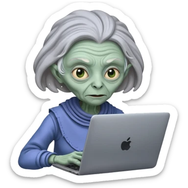 old lady alien with only gaming laptop. sticker