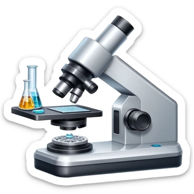 An icon featuring an electronic microscope, a metal alloy, and a crystal structure, symbolizing materials science. The design includes different materials like metals, ceramics and polymers, alongside a stamp representing testing and quality control. Transparent background sticker