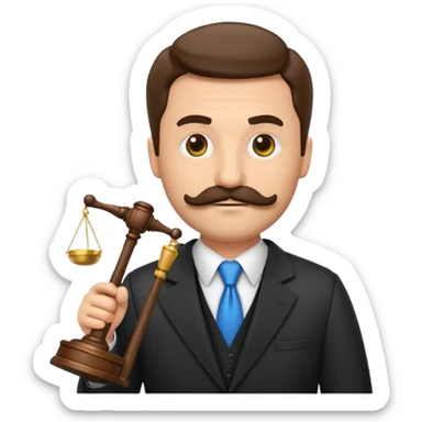 “Create a clean, modern emoji-style illustration of a male lawyer. He is wearing a formal suit jacket. He is holding a judge’s gavel in one hand and has a law book tucked under his arm. He has a mustache and a short beard, and sticker