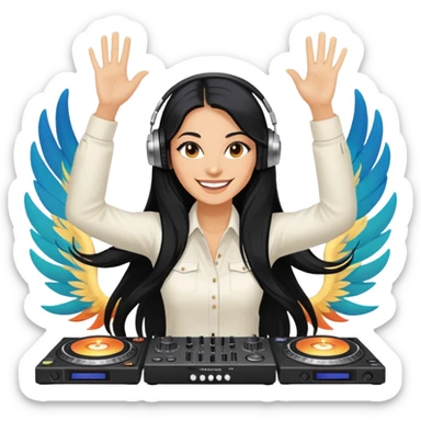 Woman white, 40 age, long Black hair, smile, left hands up, DJ setup in front, phenix behind sticker