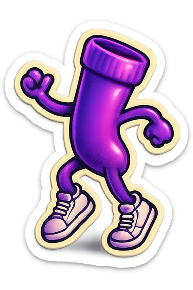 A neon-purple sock with a dancing pose, wearing sneakers, representing dancing or energy. sticker
