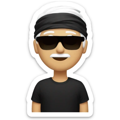 Guy with white hair wearing a black blindfold ￼and black turtle shirt sticker