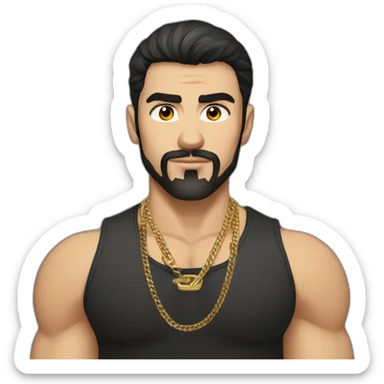 Russian muscular thug man aged 26 wearing gold chain with black hair and short beard sticker