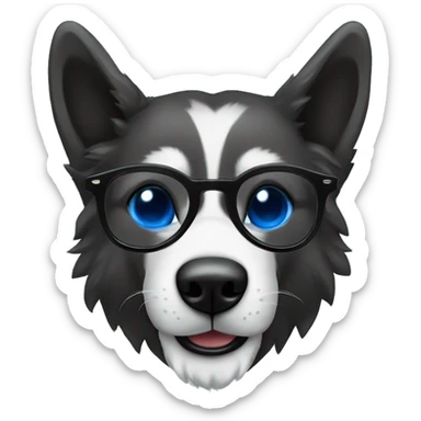 Lobo siberiano negro con blanco con un ojo azul y uno café con heterocromia riendo con gafas  sticker