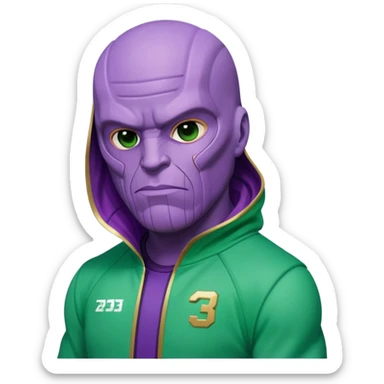 purple-skinned Thanos wearing a green Squid Game player tracksuit with number 230 sticker