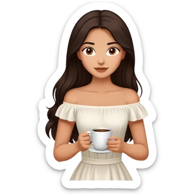 Beautiful woman in 1950’s woman fashion look, off-shoulder white dress, long dark brown hair, coffee sticker