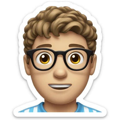 A shy teenage boy with tousled brown hair, large blue eyes, and thick black-rimmed glasses. He wears a light blue striped polo and has a white cast on his left arm. he's nervous sticker