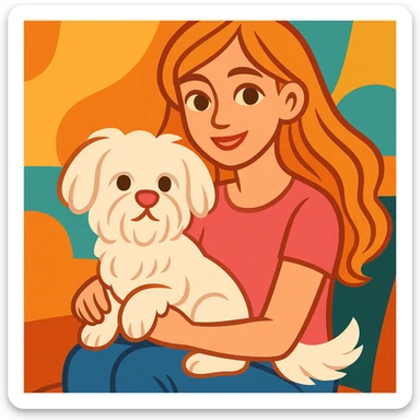 a white Maltese terrier with a pink nose sitting on the lap of a girl with long, blow-dried strawberry blond hair, brown eyes, thin eyebrows, a slim nose, and beautiful lips, warm inviting illustration style sticker