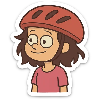 Change the girl's dress color to pink, keep the red bike helmet, no background. Maintain the cartoon style of the image. sticker