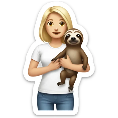 Lady with shoulder length blonde hair in white t-shirt holding a sloth sticker