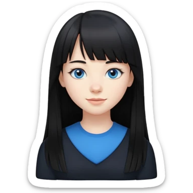 20 yr old woman long straight black hair, pale skin, blue eyes, black clothes, small smile, bangs sticker