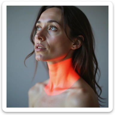 woman with hyperthyroidism, thyroid highlighted in red on the neck, protruding eyes, thin skin, anatomical focus on thyroid, hyperrealism, 4K, neutral background sticker