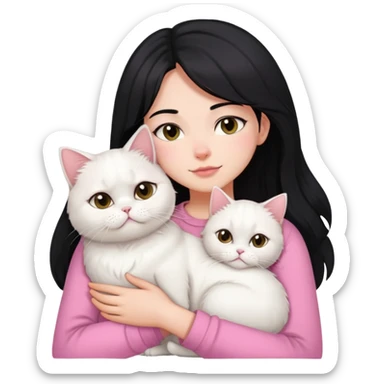 Black layered hair girl pink shirt snuggling one white Persian cat sticker