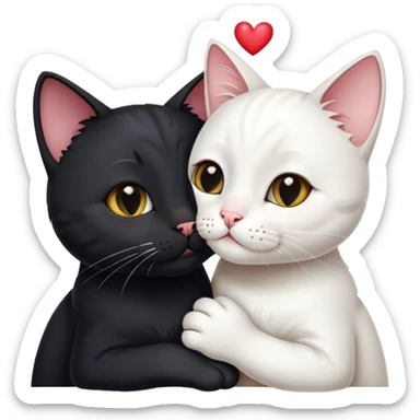 Big black cat face is kissing a small white cat face with hearts above sticker