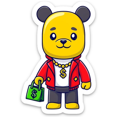 cool hustler bearbrick with money bag, luxury clothes, and bling jewelry sticker