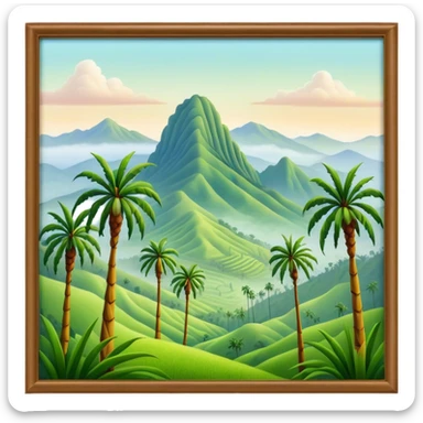 Cinematic Realistic Cocora Valley Landmark Emoji, featuring towering wax palm trees swaying in the misty green valley, with rolling hills and distant mountain peaks bathed in warm morning light. sticker