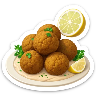 Cinematic Realistic Falafel Dish Emoji, depicted as crispy, golden falafel balls served with tahini sauce rendered with lifelike textures and vibrant, appetizing lighting. sticker