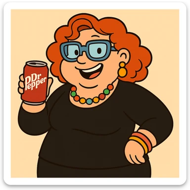 Add jewelry including earrings and a necklace, dress her in black clothes, and put a Dr Pepper soda in her hand. Keep her fun and approachable in the style of the original image. sticker