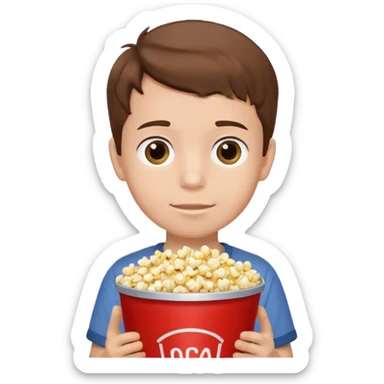a young boy holding a bucket of popcorn sticker