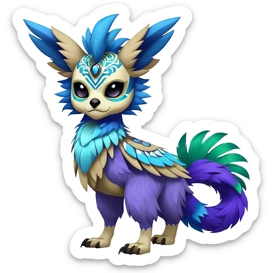 Furry cute colorful exotic tribal feral anime-styled Fakémon-Pokémon-animal-creature with a skull mask, and blue feathers around neck, and blue feathers, with long furry ears, long furry tail, 4 legs, (full body), with intricate pattern-markings  sticker