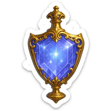 luxurious crystal elixir bottle in shield shape, color #7986cb, lots of shining, edges, ornaments, golden details, magical effects, very small golden neck, transparent background, beautiful seamless bottom, bottle clearly floating in air, no base or shadow, modern, fits collection sticker