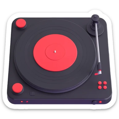 Make the Technics-style turntable look more vintage with playful rounded features in a Disney Pixar 3D style. Use black and red as the main colors, avoid neon colors entirely, and keep the look vintage and playful without neon. sticker