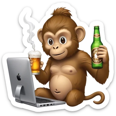 monkey playing games on a pc with a vape in one hand and holding a beer in the other sticker