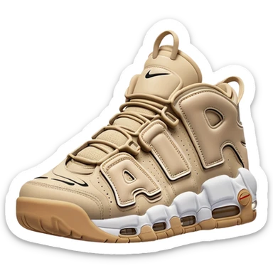 A pair of beige Nike Air More Uptempo sneakers in iOS emoji style, with left and right shoes positioned with one slightly behind the other, featuring minimalist design with the iconic AIR lettering on sides sticker