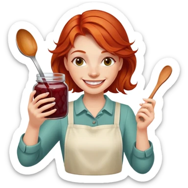 redhead woman with big smile taking some jam with a spoon from glass jar sticker