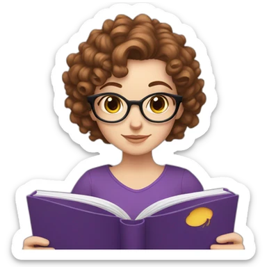 white girl without glasses and really short brown curly hair reading a purple book sticker