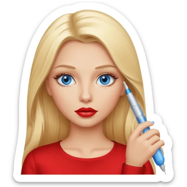 Realistic blonde girl, long full hair, blue eyes, red lips, getting Botox  sticker