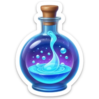 glowing blue neon magic potion, in a round glass bottle  sticker