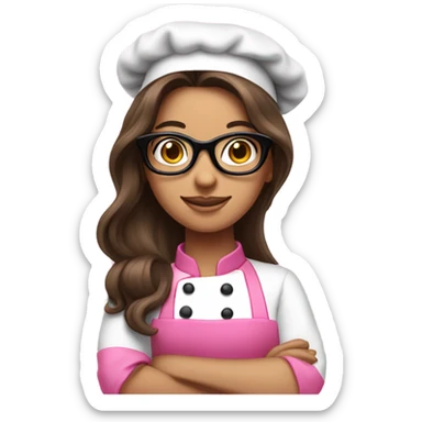 long brunette hair girl with black glasses and a pink chef outfit sticker