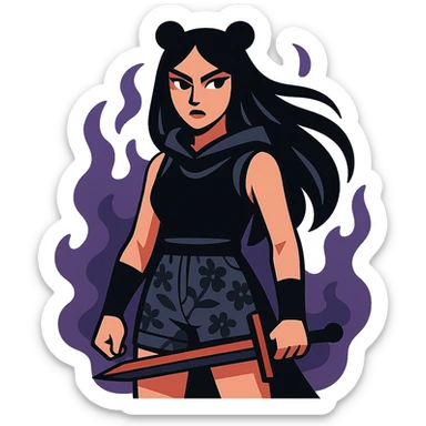 mysterious gothic female fighter with long flowing black hair, sharp intense eyes, small black bear ears, sleeveless black ritual robe top, gray combat shorts with dark floral pattern, quiet but commanding presence, soft dark aura sticker
