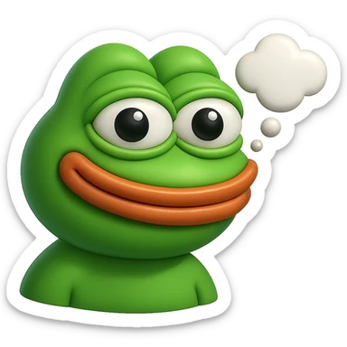 make a pepe in bright green smiling and looking straight at the camera with thought bubble looking at right right in 3d style, good highlights and shadows, drop shadows sticker
