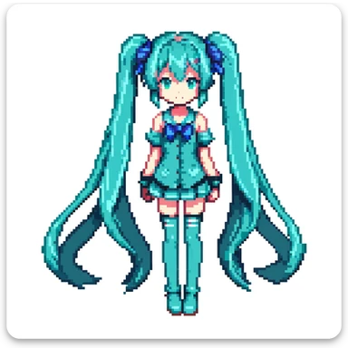Hatsune Miku with teal twin-tails, anime character in pixel art style sticker