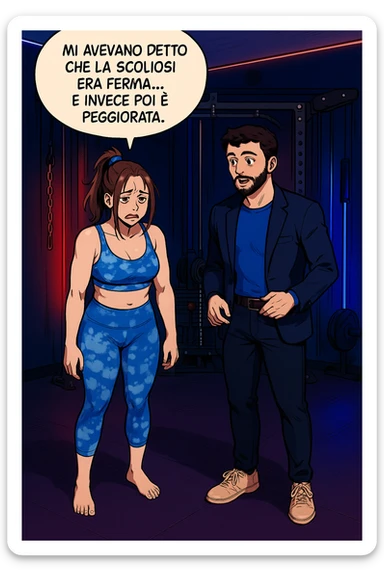 fai questa immagine in versione fumetto/manga/webtoon a colori, il manga mostra la donna disperata con un fumetto sulla testa che dice:
Mi avevano detto che la scoliosi era ferma… e invece poi è peggiorata.
 sticker