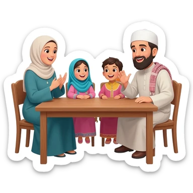 islamic family sitting on table; mother wearing without hijab; father with beard and islamic clothes white cap on head; little girls without  hijab and one little boy; kids wearing traditional clothes and talking happily to each other sticker