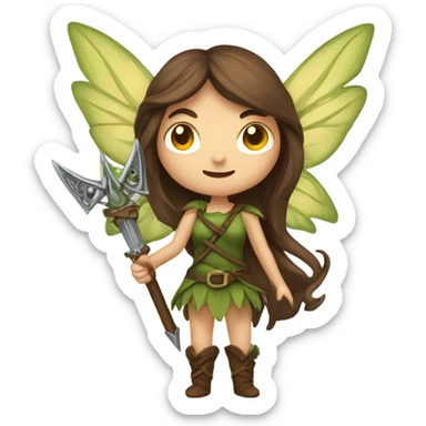 Female forest fairy, wings, pointed elf ears, long brown hair, vines, holding medieval sword sticker