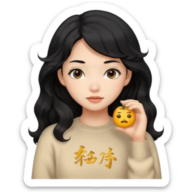 Beautiful girl,Black hair,wavy hair，long hair,Black eyes,Chinese, beige sweater  sticker