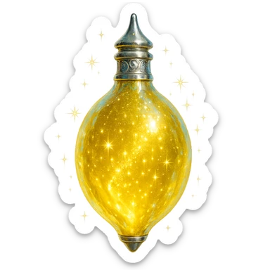 lemon-shaped luxurious elixir bottle, vibrant yellow color, iridescent and silver details, intense magical glowing and sparkling effects, very small neck, seamless bottom, floating, no base or shadow, modern, matching a collection, transparent background sticker
