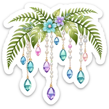 Exotic romantic pretty pastel Few cute tiny Iridescent glistening glossy sparkly shiny glittery hanging crystals pearls and beads and gemstones scenery scenic decorations with vines and ferns and flowers sticker
