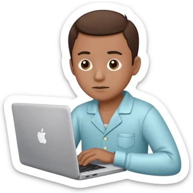 man with pajamas sitting and working on a laptop sticker
