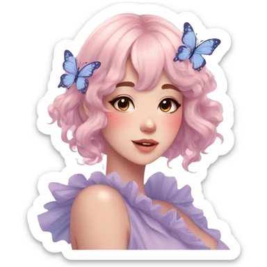 Gorgeous pastel anime style lady with blushing face and butterflies aesthetic trending style sticker