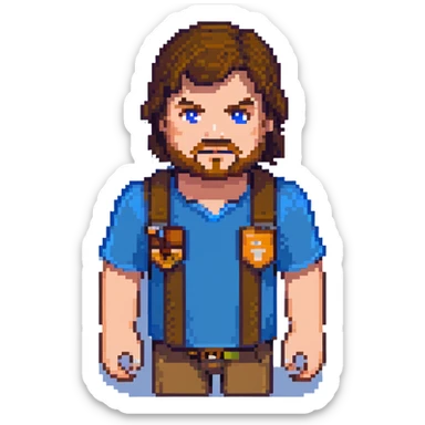 Jack Black as Minecraft Steve portrait, just face and shoulders, blocky character with brown hair, beard, and blue shirt sticker