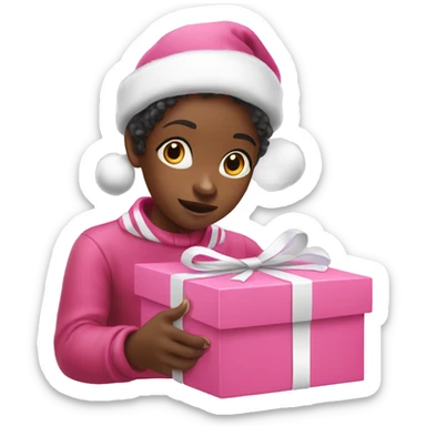 Black children opening pink Christmas gift boxes with ribbon sticker
