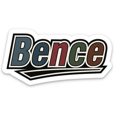 Text image of the name 'Bence' in a masculine, modern, gradient font with precise Hungarian characters, dark contour, extra thick, prominent white letter outline as in reference images, dynamic slanted underline, masculine color shades including blue, gray, burgundy, green, and brown, 1000x1000 px, PNG, transparent background. sticker